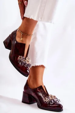 Outlet Skórzane Półbuty Mozaika Z Transparentną Ozdobą Bordowe Delaver Damskie Półbuty Skórzane