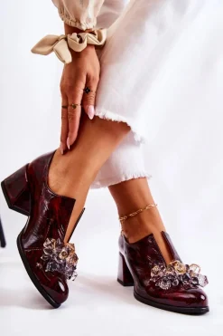 Outlet Skórzane Półbuty Mozaika Z Transparentną Ozdobą Bordowe Delaver Damskie Półbuty Skórzane