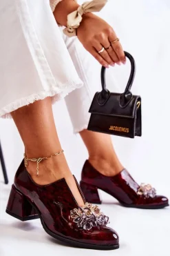 Outlet Skórzane Półbuty Mozaika Z Transparentną Ozdobą Bordowe Delaver Damskie Półbuty Skórzane