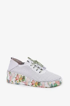 Buty Sportowe Na Platformie|Półbuty Skórzane></noscript>Artiker Skórzane Półbuty Na Koturnie Ze Wzorem 54C1807 Biało-Zielone