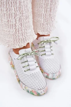 Buty Sportowe Na Platformie|Półbuty Skórzane></noscript>Artiker Skórzane Półbuty Na Koturnie Ze Wzorem 54C1807 Biało-Zielone