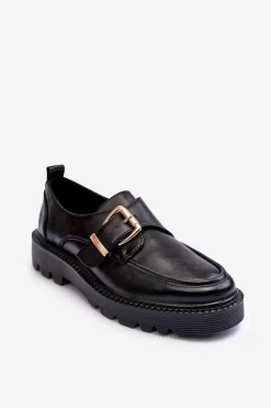 Discount Buty damskie Vinceza Skórzane Półbuty Na Płaskim Obcasie Z Klamrą Czarne Meara