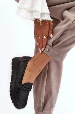 Outlet Skórzane Półbuty Na Platformie Z Ozdobą Czarne Lemar Lehira Damskie Półbuty Skórzane|Mokasyny Na Platformie