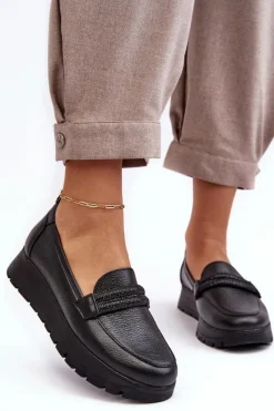 Outlet Skórzane Półbuty Na Platformie Z Ozdobą Czarne Lemar Lehira Damskie Półbuty Skórzane|Mokasyny Na Platformie