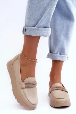 Best Skórzane Półbuty Na Platformie Z Ozdobą Jasnobeżowe Lemar Lehira Damskie Półbuty Skórzane|Mokasyny Na Platformie