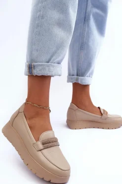 Best Skórzane Półbuty Na Platformie Z Ozdobą Jasnobeżowe Lemar Lehira Damskie Półbuty Skórzane|Mokasyny Na Platformie