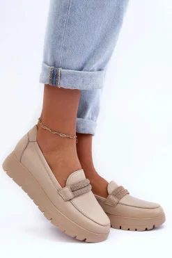Best Skórzane Półbuty Na Platformie Z Ozdobą Jasnobeżowe Lemar Lehira Damskie Półbuty Skórzane|Mokasyny Na Platformie