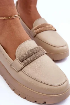 Best Skórzane Półbuty Na Platformie Z Ozdobą Jasnobeżowe Lemar Lehira Damskie Półbuty Skórzane|Mokasyny Na Platformie