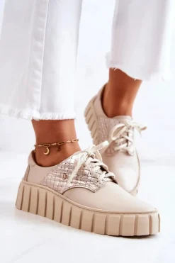 New Skórzane Półbuty Na Platformie Beżowe Hypnosis Damskie Półbuty Skórzane