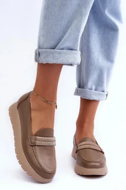 Sale Boto Skórzane Półbuty Na Platformie Z Ozdobą Beżowe Lemar Lehira Beżowy