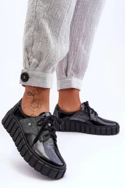 Półbuty Skórzane>Zazoo Skórzane Półbuty Na Platformie Czarne Lemar Hypnosis