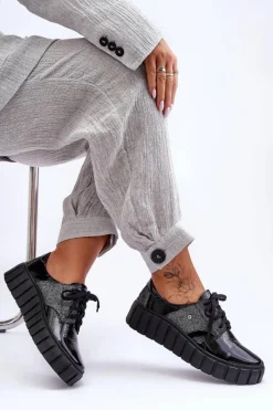 Półbuty Skórzane>Zazoo Skórzane Półbuty Na Platformie Czarne Lemar Hypnosis