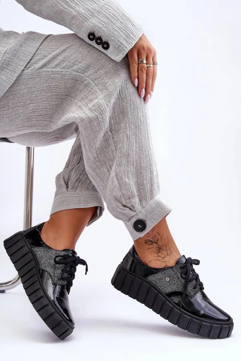 Półbuty Skórzane>Zazoo Skórzane Półbuty Na Platformie Czarne Lemar Hypnosis