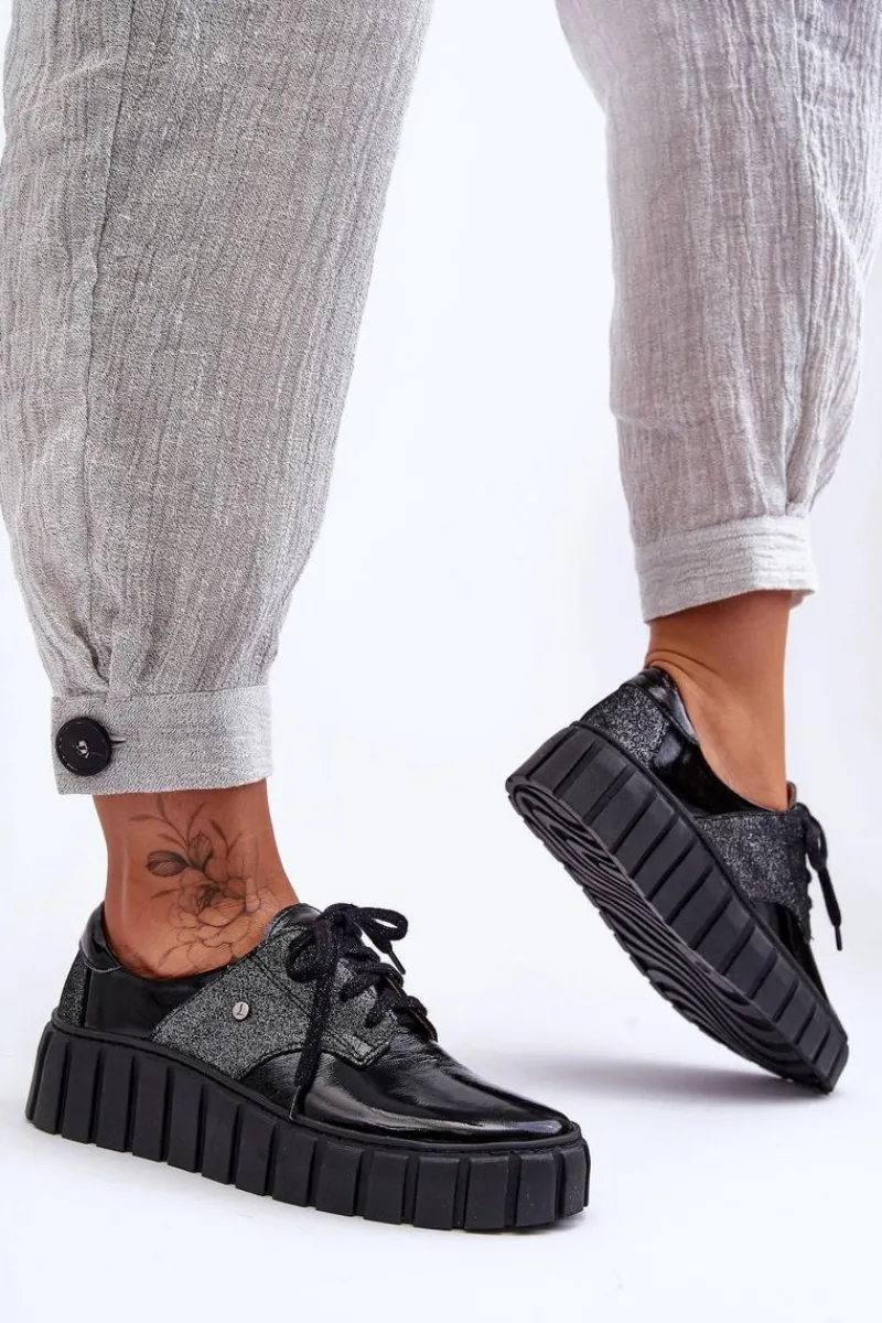 Półbuty Skórzane>Zazoo Skórzane Półbuty Na Platformie Czarne Lemar Hypnosis