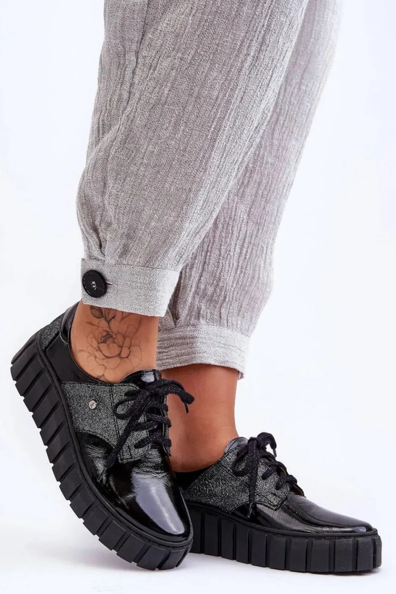 Półbuty Skórzane>Zazoo Skórzane Półbuty Na Platformie Czarne Lemar Hypnosis