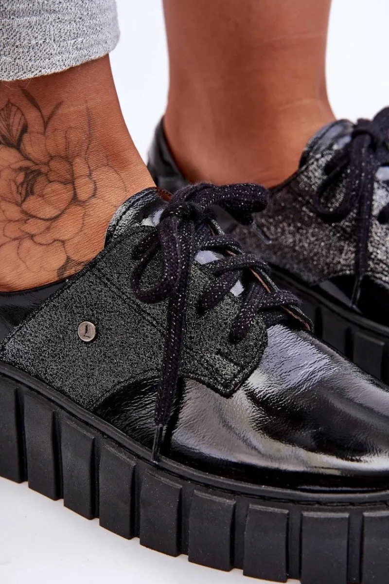 Półbuty Skórzane>Zazoo Skórzane Półbuty Na Platformie Czarne Lemar Hypnosis