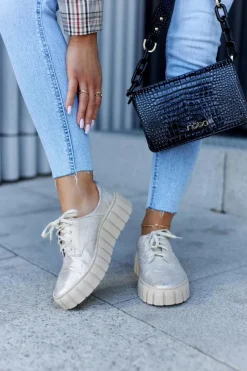 New Skórzane Półbuty Na Platformie Beżowo-Złote Hypnosis Damskie Półbuty Skórzane