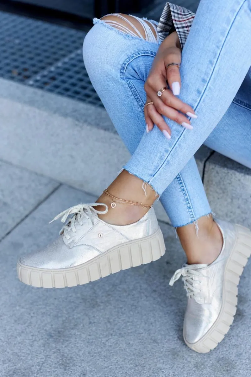 New Skórzane Półbuty Na Platformie Beżowo-Złote Hypnosis Damskie Półbuty Skórzane