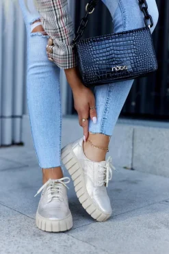 New Skórzane Półbuty Na Platformie Beżowo-Złote Hypnosis Damskie Półbuty Skórzane