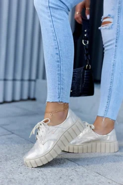 New Skórzane Półbuty Na Platformie Beżowo-Złote Hypnosis Damskie Półbuty Skórzane