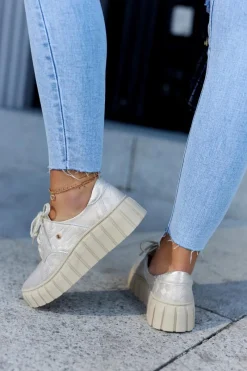 New Skórzane Półbuty Na Platformie Beżowo-Złote Hypnosis Damskie Półbuty Skórzane