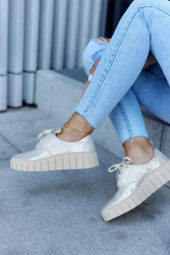 New Skórzane Półbuty Na Platformie Beżowo-Złote Hypnosis Damskie Półbuty Skórzane