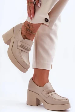 Discount Skórzane Półbuty Na Słupku Z Ozdobą Beżowe Lemar Gelanor Damskie Półbuty Skórzane