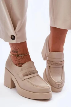 Discount Skórzane Półbuty Na Słupku Z Ozdobą Beżowe Lemar Gelanor Damskie Półbuty Skórzane