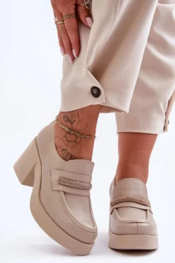 Discount Skórzane Półbuty Na Słupku Z Ozdobą Beżowe Lemar Gelanor Damskie Półbuty Skórzane