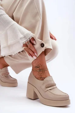 Discount Skórzane Półbuty Na Słupku Z Ozdobą Beżowe Lemar Gelanor Damskie Półbuty Skórzane