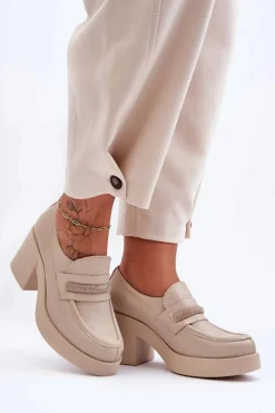 Discount Skórzane Półbuty Na Słupku Z Ozdobą Beżowe Lemar Gelanor Damskie Półbuty Skórzane