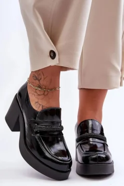 Półbuty Skórzane>Boto Skórzane Półbuty Na Słupku Z Ozdobą Czarne Lemar Gelanor Czarny