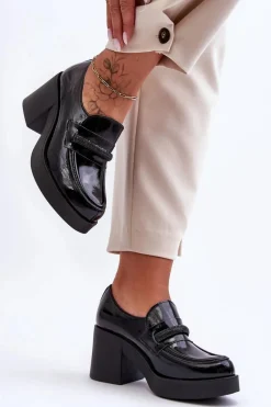 Półbuty Skórzane>Boto Skórzane Półbuty Na Słupku Z Ozdobą Czarne Lemar Gelanor Czarny