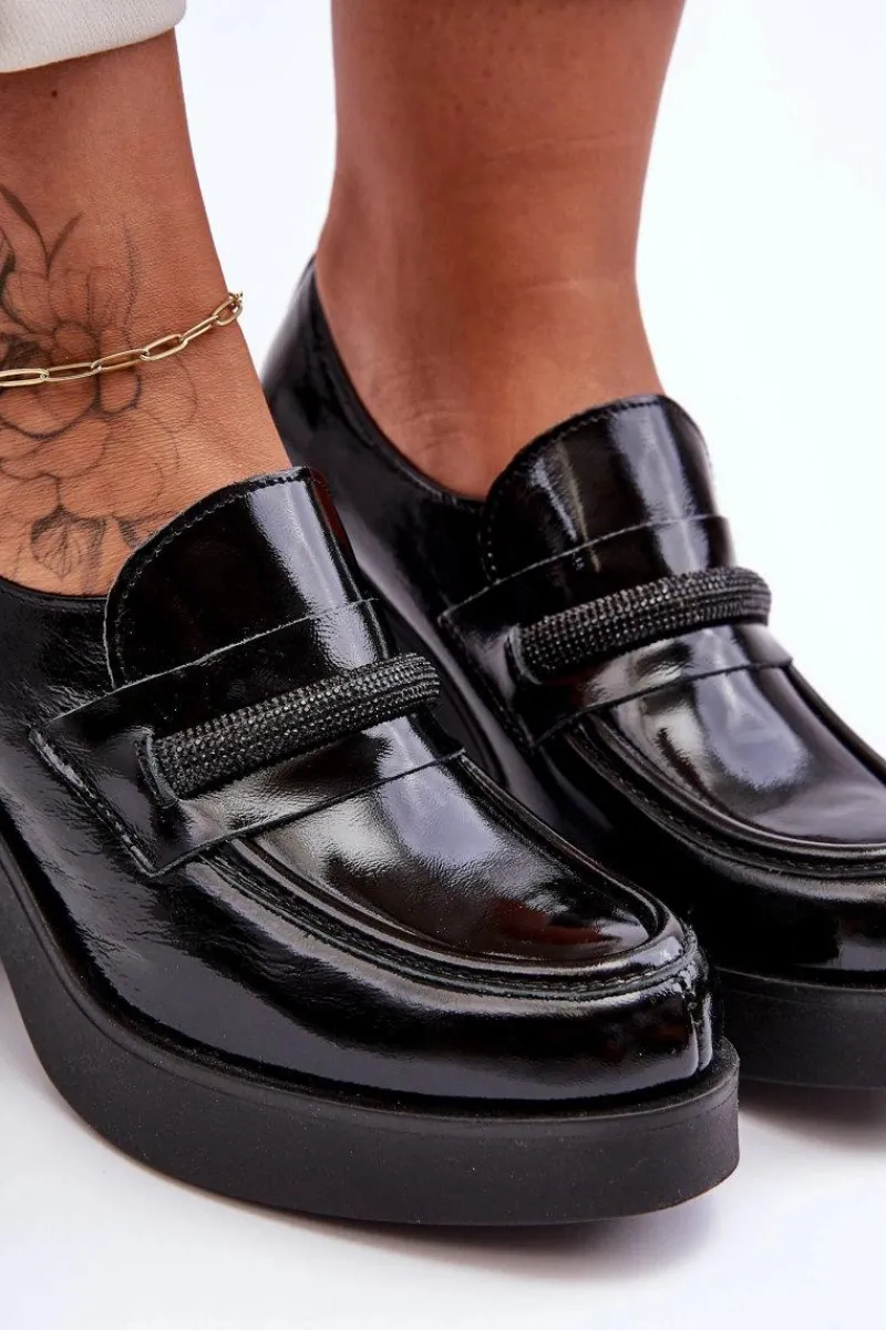 Półbuty Skórzane>Boto Skórzane Półbuty Na Słupku Z Ozdobą Czarne Lemar Gelanor Czarny