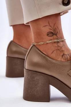 Outlet Boto Skórzane Półbuty Na Słupku Z Ozdobą Ciemnobeżowe Lemar Gelanor Beżowy