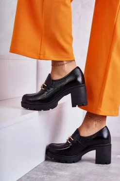 Clearance Skórzane Półbuty Na Słupku Ze Złotą Ozdobą Czarne Lemar Mikeyla Damskie Półbuty Lakierowane|Półbuty Skórzane