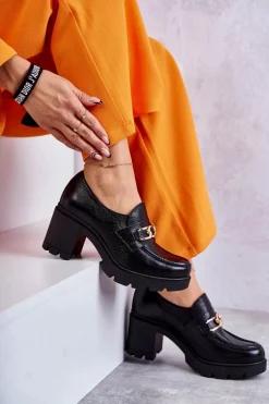 Clearance Skórzane Półbuty Na Słupku Ze Złotą Ozdobą Czarne Lemar Mikeyla Damskie Półbuty Lakierowane|Półbuty Skórzane