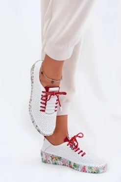 Discount Skórzane Półbuty Na Wzorzystej Platformie 54C1567 Biało-Czerwone Damskie Buty Sportowe Na Platformie|Półbuty Skórzane