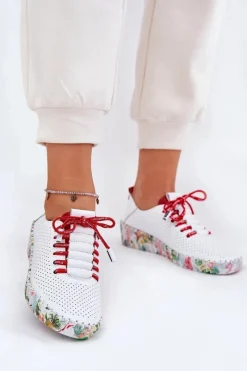 Discount Skórzane Półbuty Na Wzorzystej Platformie 54C1567 Biało-Czerwone Damskie Buty Sportowe Na Platformie|Półbuty Skórzane