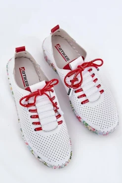 Discount Skórzane Półbuty Na Wzorzystej Platformie 54C1567 Biało-Czerwone Damskie Buty Sportowe Na Platformie|Półbuty Skórzane