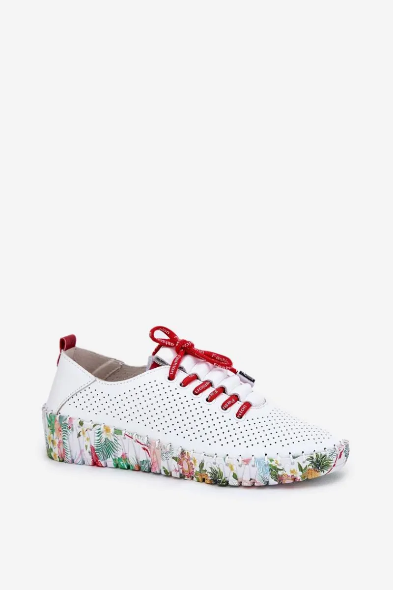 Discount Skórzane Półbuty Na Wzorzystej Platformie 54C1567 Biało-Czerwone Damskie Buty Sportowe Na Platformie|Półbuty Skórzane