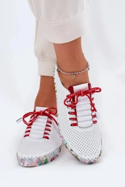 Discount Skórzane Półbuty Na Wzorzystej Platformie 54C1567 Biało-Czerwone Damskie Buty Sportowe Na Platformie|Półbuty Skórzane