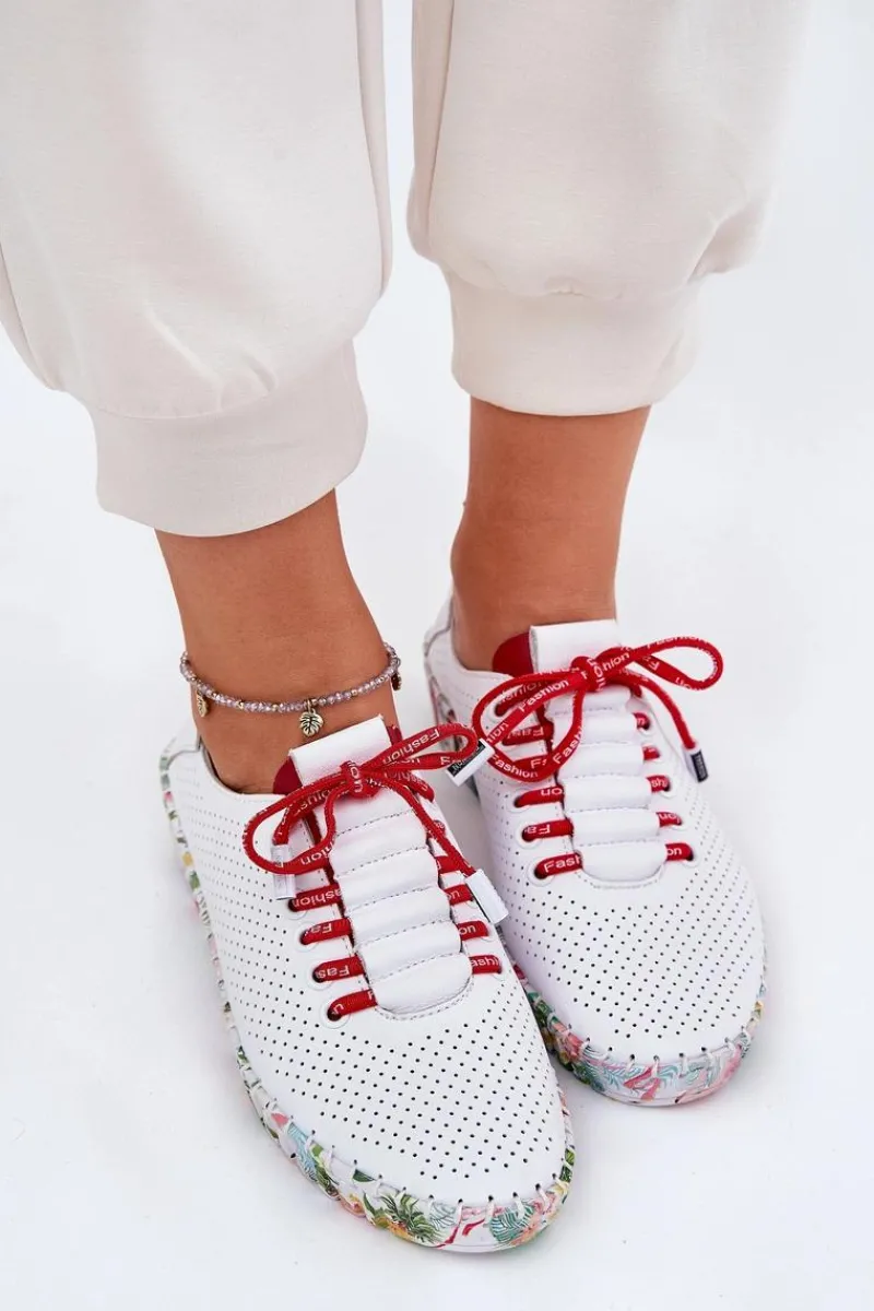 Discount Skórzane Półbuty Na Wzorzystej Platformie 54C1567 Biało-Czerwone Damskie Buty Sportowe Na Platformie|Półbuty Skórzane