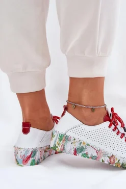 Discount Skórzane Półbuty Na Wzorzystej Platformie 54C1567 Biało-Czerwone Damskie Buty Sportowe Na Platformie|Półbuty Skórzane