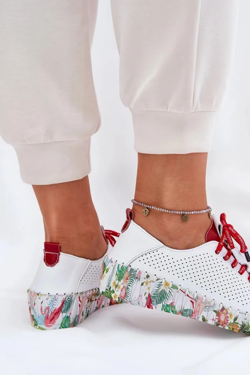 Discount Skórzane Półbuty Na Wzorzystej Platformie 54C1567 Biało-Czerwone Damskie Buty Sportowe Na Platformie|Półbuty Skórzane