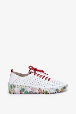 Discount Skórzane Półbuty Na Wzorzystej Platformie 54C1567 Biało-Czerwone Damskie Buty Sportowe Na Platformie|Półbuty Skórzane