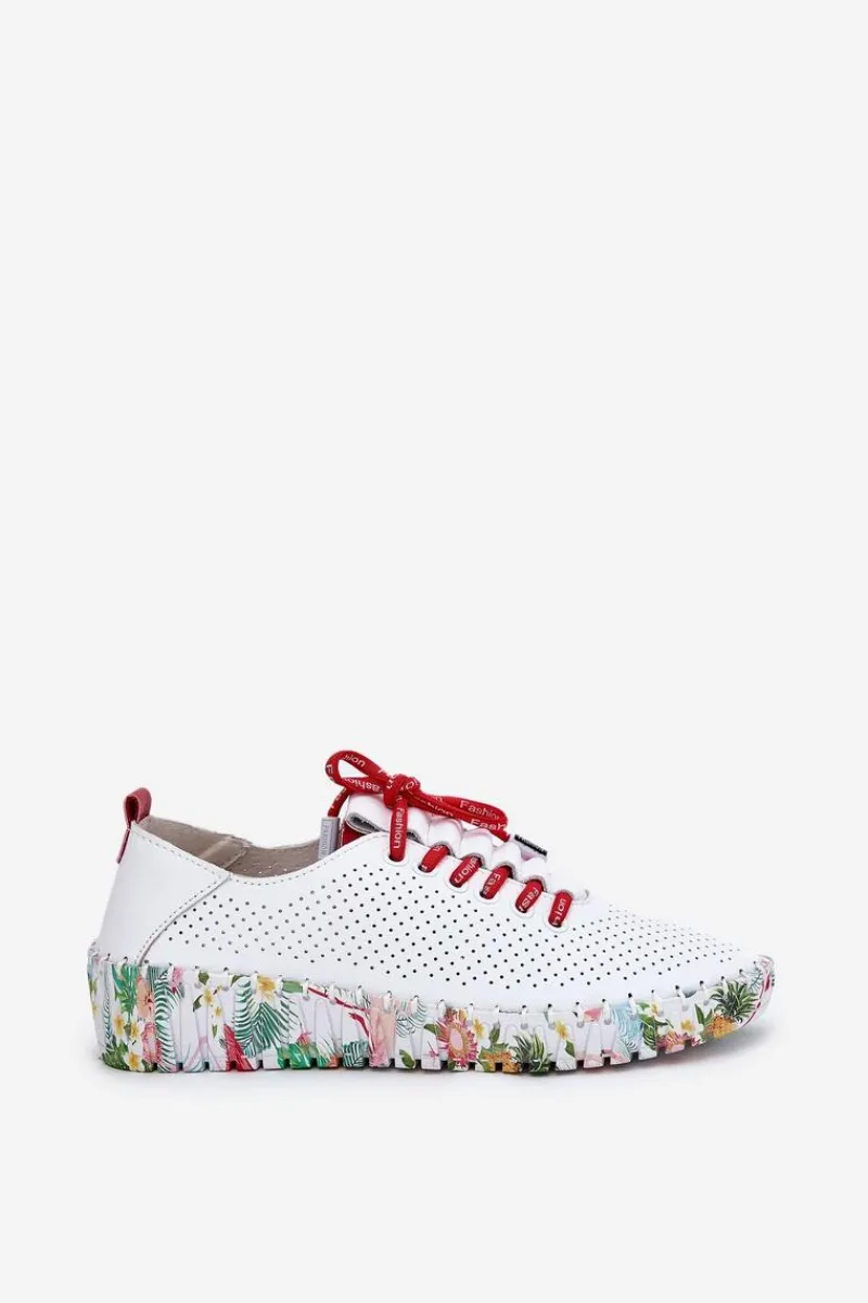 Discount Skórzane Półbuty Na Wzorzystej Platformie 54C1567 Biało-Czerwone Damskie Buty Sportowe Na Platformie|Półbuty Skórzane