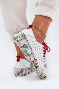 Discount Skórzane Półbuty Na Wzorzystej Platformie 54C1567 Biało-Czerwone Damskie Buty Sportowe Na Platformie|Półbuty Skórzane