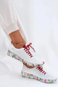 Discount Skórzane Półbuty Na Wzorzystej Platformie 54C1567 Biało-Czerwone Damskie Buty Sportowe Na Platformie|Półbuty Skórzane