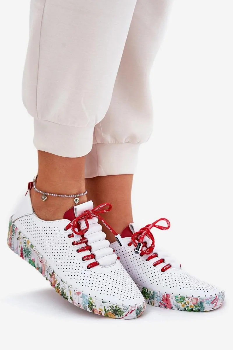 Discount Skórzane Półbuty Na Wzorzystej Platformie 54C1567 Biało-Czerwone Damskie Buty Sportowe Na Platformie|Półbuty Skórzane